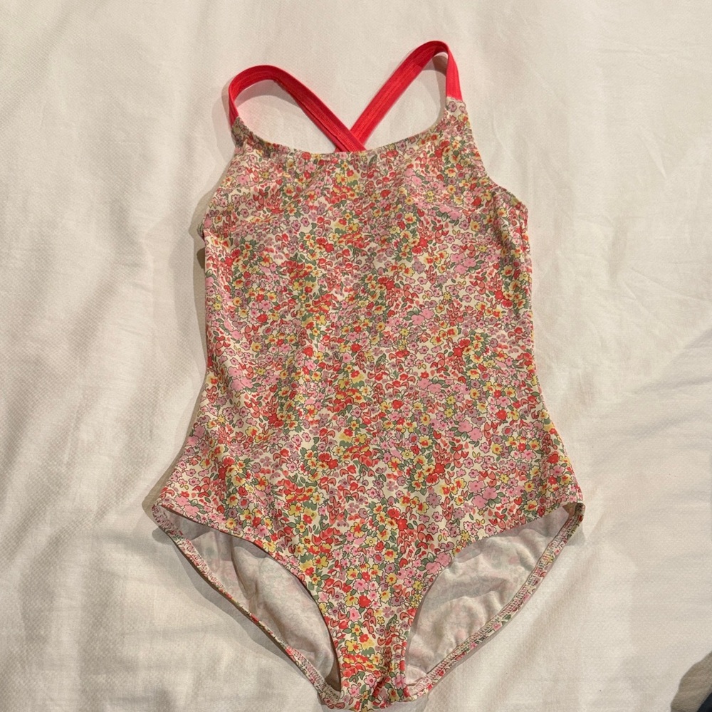 Boden Kids One-Piece Swimsuit in Pink Floral with Red Straps